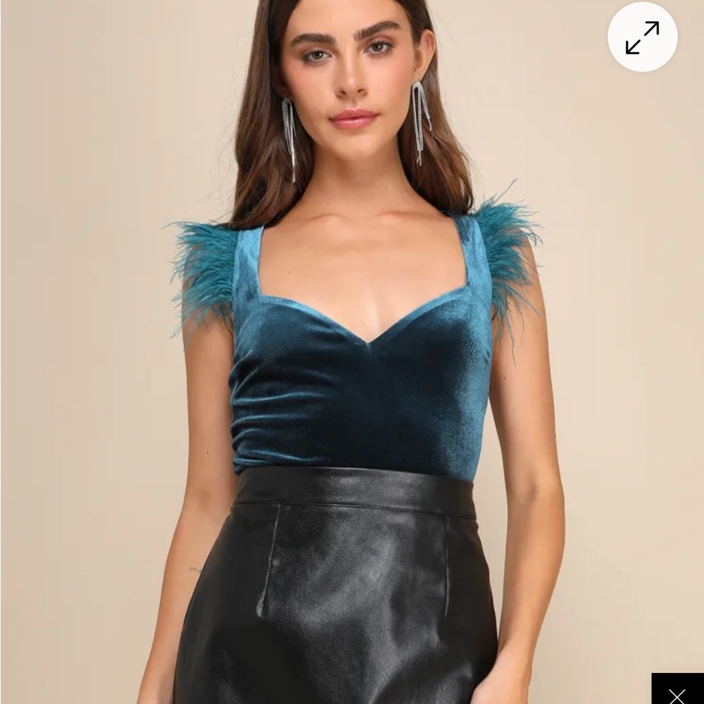 Lulu’s Teal Velvet Top with Feather Accents